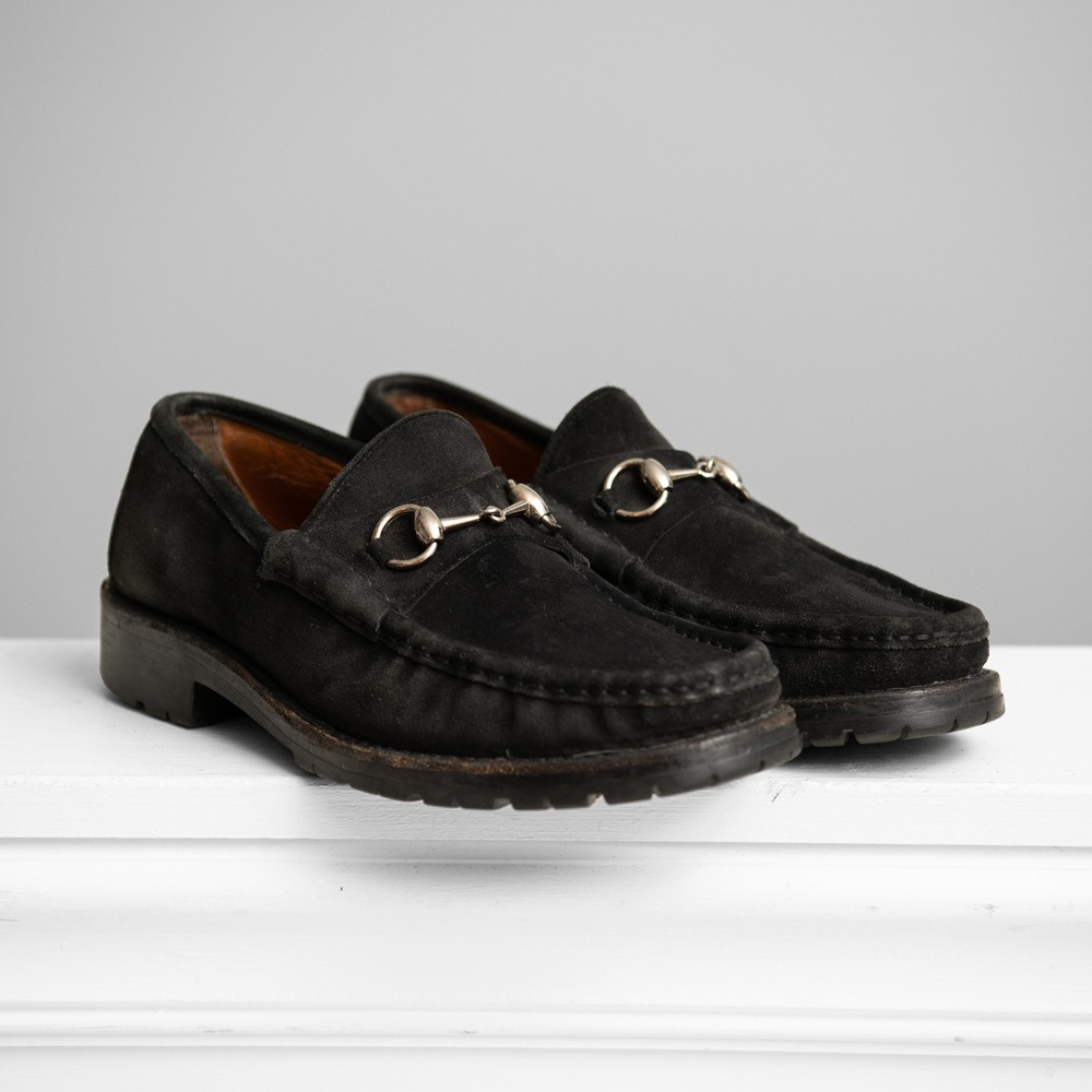 Gucci Black Suede Horsebit Lug Sole Loafers Men's Sz 8 Quiet Luxury Old Money